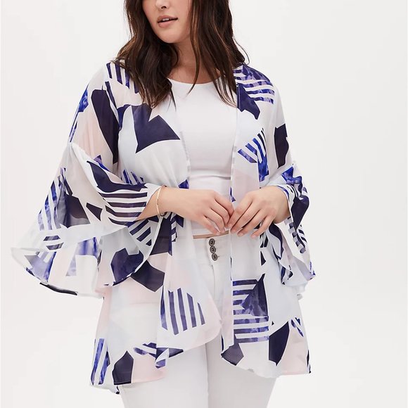 torrid Tops - Torrid 1/2X Kimono Top Chiffon Geo Ruffle Bell Sleeve Open Front Plus Cover Up